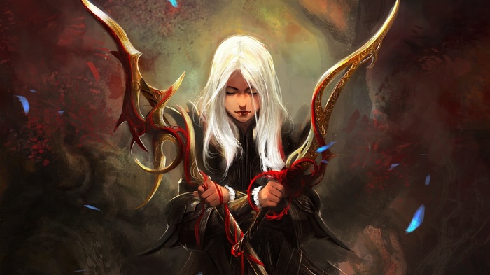 Fantasy warrior with white hair and ornate bows