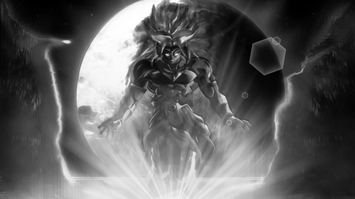 Broly from Dragon Ball Z in front of a large moon