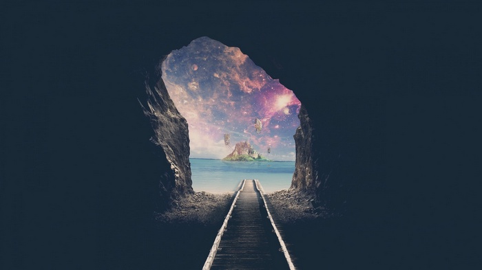 Fantasy island with castle seen through a cave opening