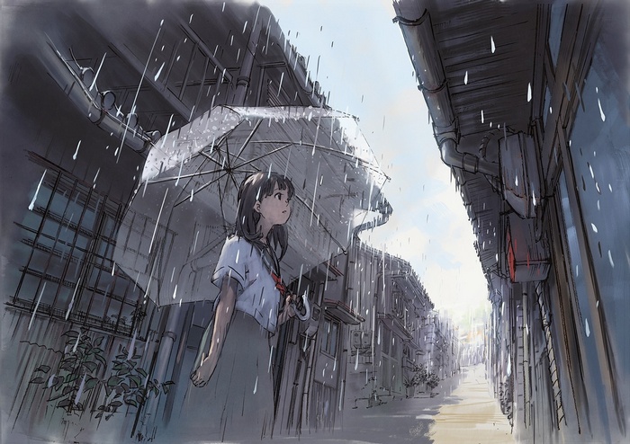 Anime girl with umbrella in the rain