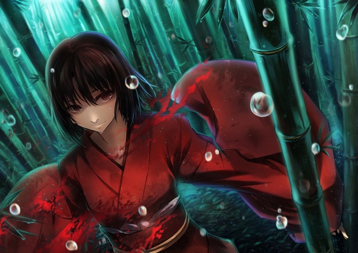 Ryougi Shiki in a bloody kimono in a bamboo forest