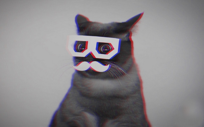 Cat with anaglyph 3D glasses and mustache