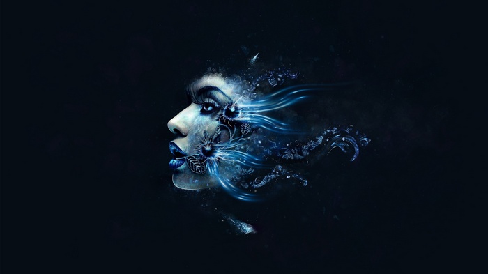 Digital art of a woman's face with blue energy