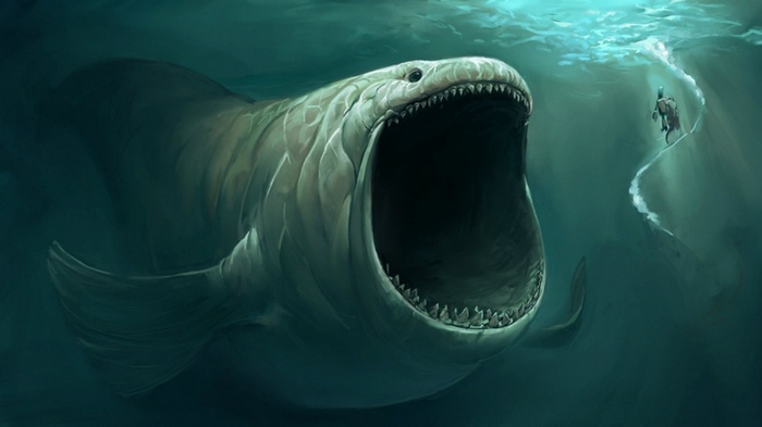 Giant sea creature with open mouth and diver