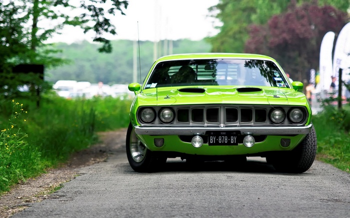 Green Plymouth Barracuda parked on a road
