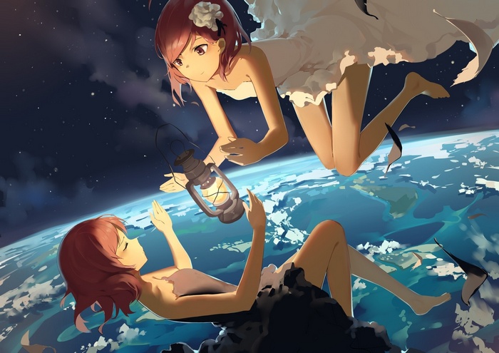 Two anime girls in space with a lantern