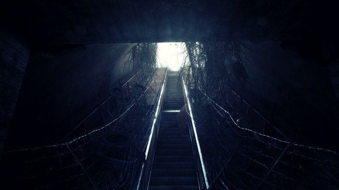 Metro 2033 escalator overgrown with vines