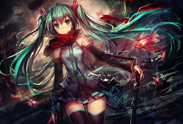 Hatsune Miku with a red scarf and goldfish