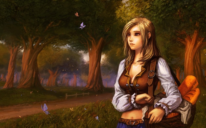 Fantasy girl with bag of bread in Elwynn Forest