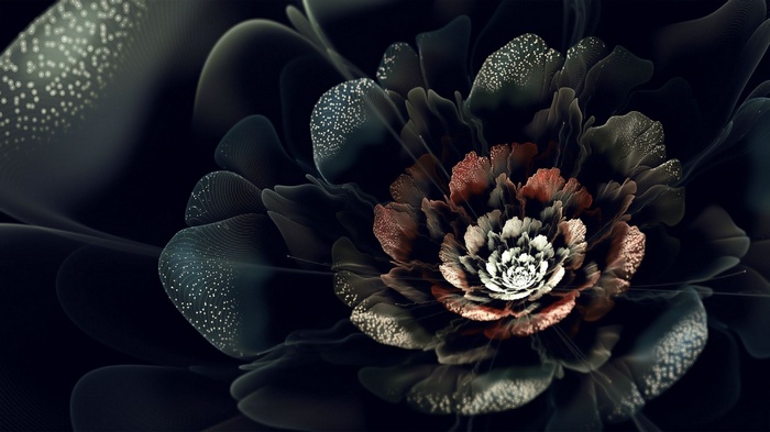 Abstract fractal flower with dark petals and glowing dots