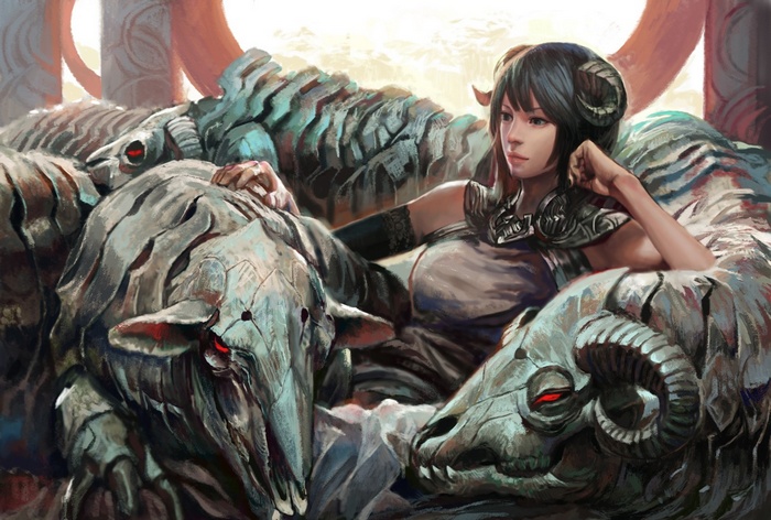 Fantasy girl with horns and demon-like creatures