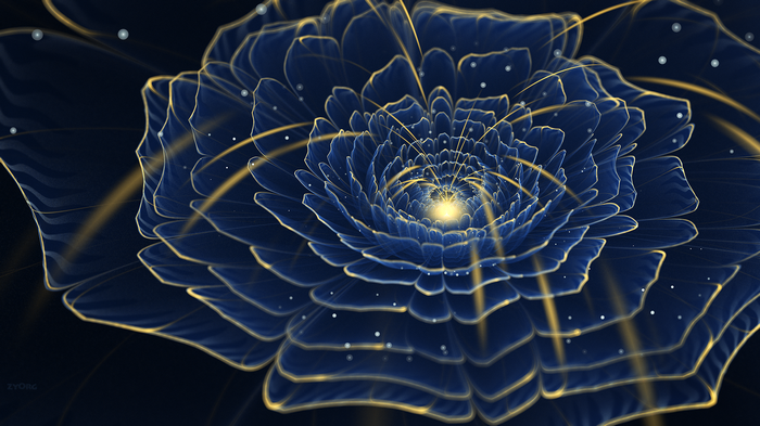 Abstract blue fractal flower with golden accents