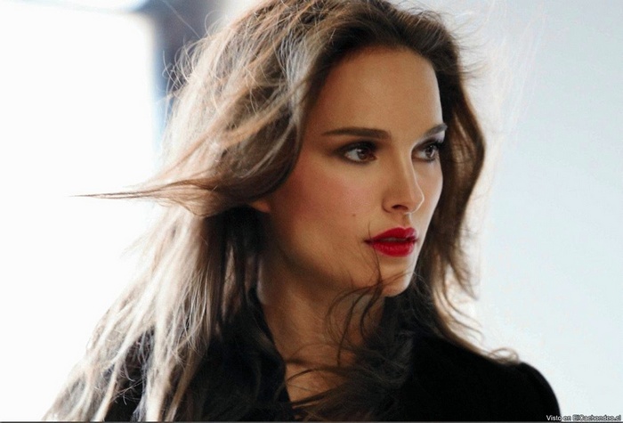 Natalie Portman wearing black clothing and red lipstick