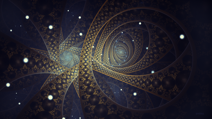 Abstract fractal with golden spirals and dark blue background