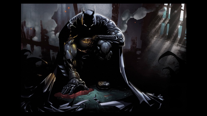 Batman crouches in a dark, ruined city