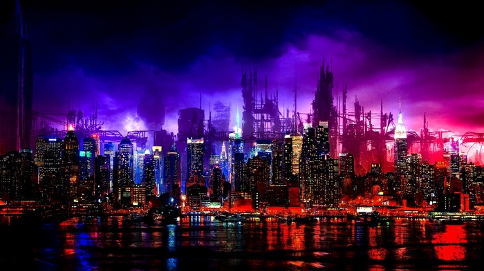 Digital art cityscape with neon lights