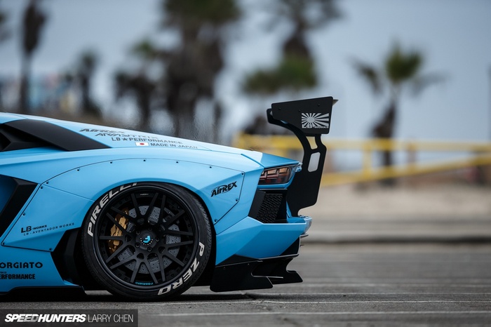 Blue Lamborghini Aventador LB Works with a large rear wing