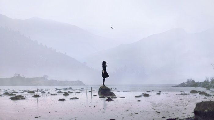 Woman in black dress standing on rock in misty mountains