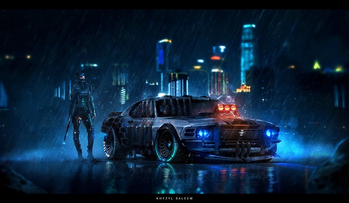 Cyberpunk Ford Mustang with a warrior in the rain