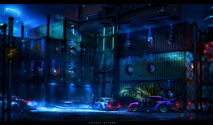 Futuristic Porsche cars parked in a neon-lit container city