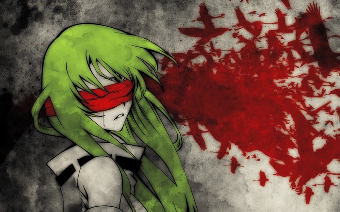 C.C. from Code Geass with green hair and blindfold
