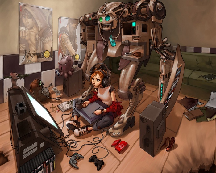 Girl with headphones and a robot in a room