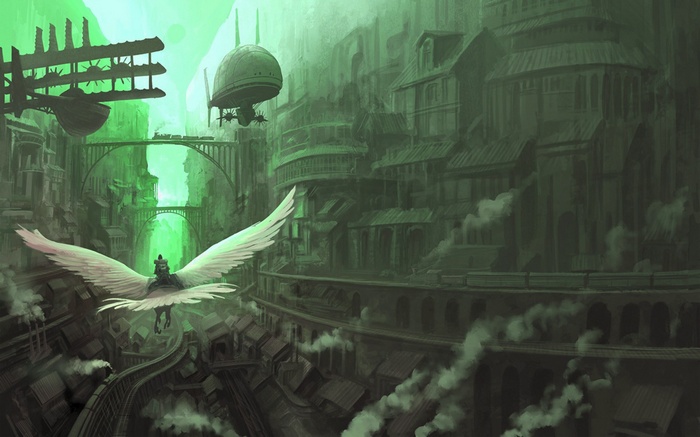 Fantasy city with flying creature and airships
