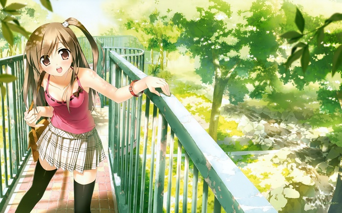Anime girl with pigtails on a bridge