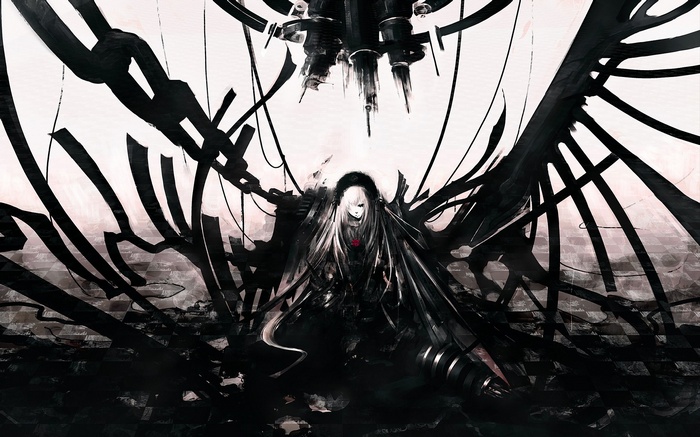 Anime girl with black wings and mechanical parts