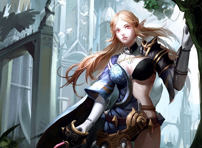 Elf warrior with red eyes and ornate armor