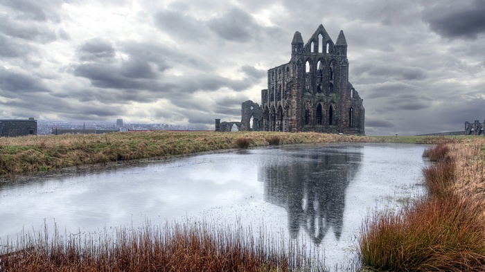 Whitby Abbey ruin reflected in a pond under overcast skies