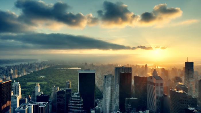 New York City skyline at sunrise with Central Park