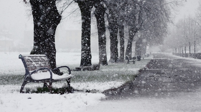 Snow falling on a park bench and path