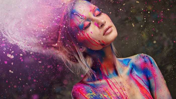 women, body paint, bare shoulders, paint splatter, closed eyes ...