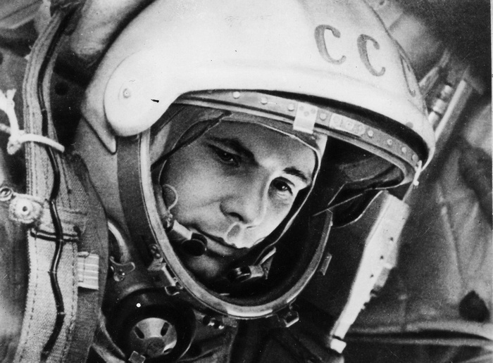 Yuri Gagarin in a Soviet space helmet