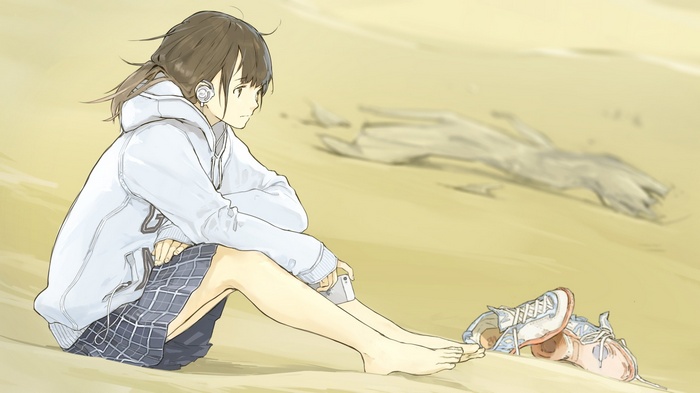 Anime girl with headphones on the beach