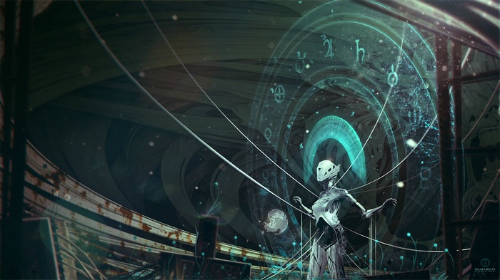 Futuristic robot with glowing celestial orbs and machinery