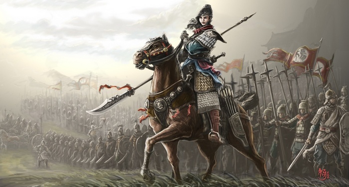 Female warrior on horseback leads an army