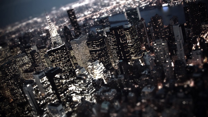 New York City skyline at night with tilt shift effect