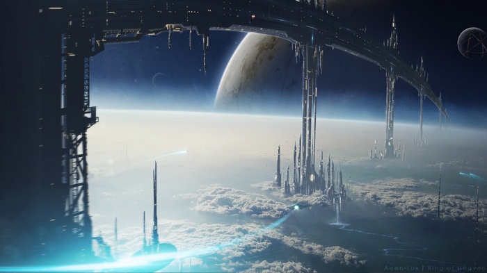 Science fiction city in the clouds with a ring structure
