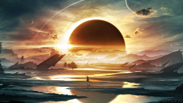 Sci-fi landscape with eclipse and planets