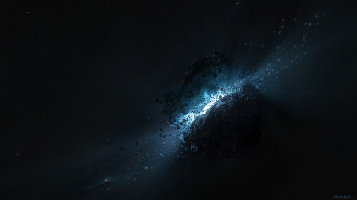 Asteroid belt with glowing light in space