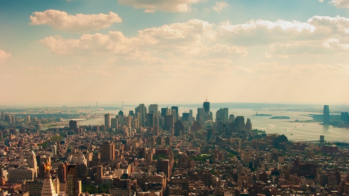 New York City Skyline with Water and Clouds