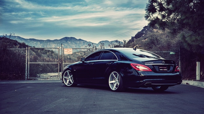 Black Mercedes-Benz CLS 550 parked near a fence