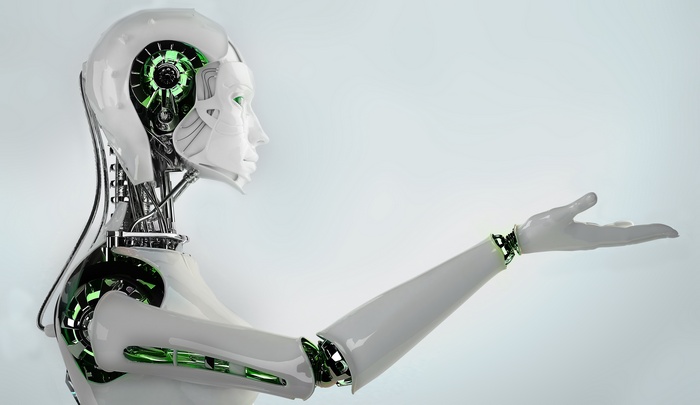 Robot with exposed internal mechanics and outstretched hand