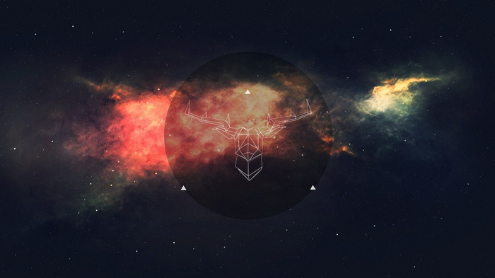 Minimalist wireframe deer in space nebula