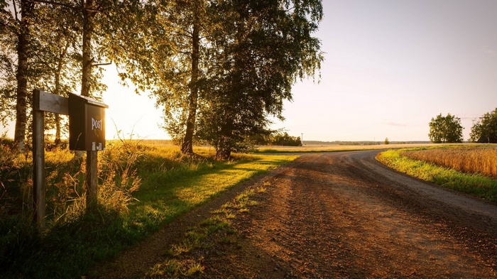 Dirt road and mailbox at sunset