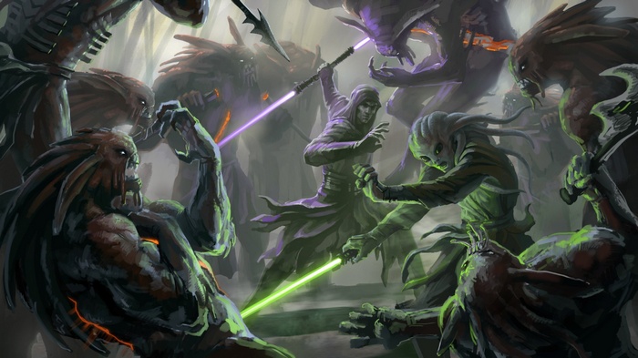 Star Wars Jedi fighting monsters with lightsabers