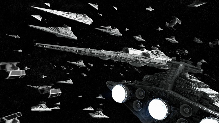 Star Wars fleet with Star Destroyers and TIE Fighters