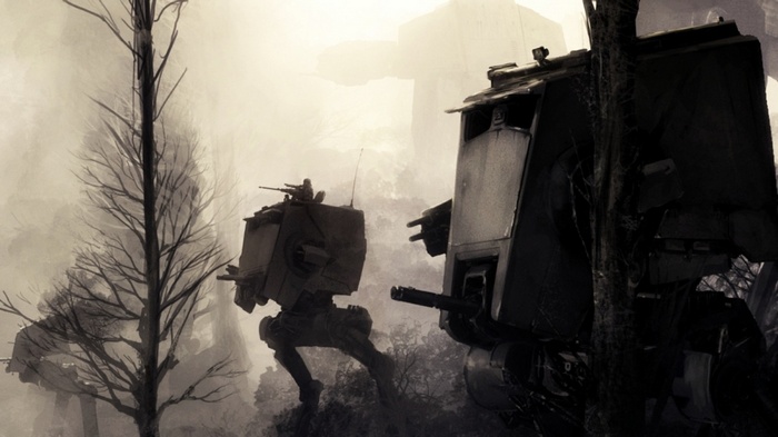 Star Wars AT-ST walkers in a misty forest